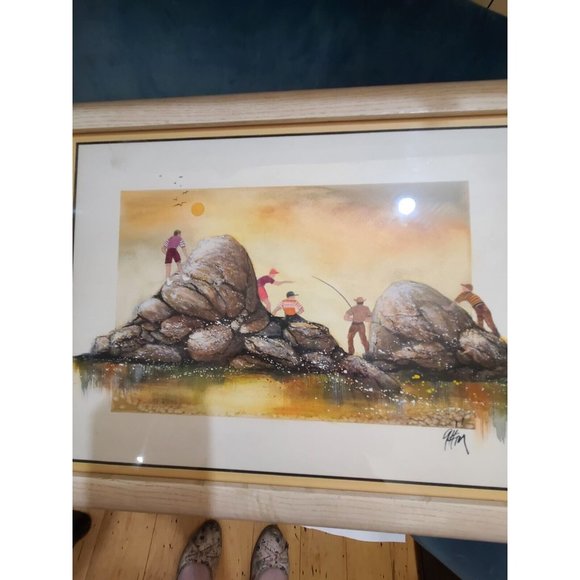 Signed Watercolor Framed Fishing Scene - Picture 12 of 12